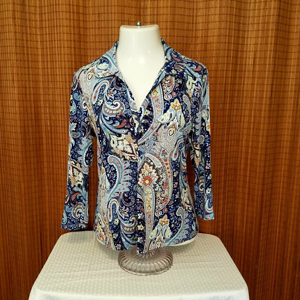 Inc L sequined Paisley Blue Long Sleeve